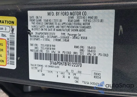 2015 Ford Fusion Se из США, поврежденный, VIN 3FA6P0H78FR122370